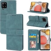 Voor Samsung Galaxy A12 5G Reliëf Gestreepte Magnetische Gesp PU + TPU Horizontale Flip Lederen Case met Houder & Kaartsleuf & Portemonnee & Fotolijst & Sling (Groen)
