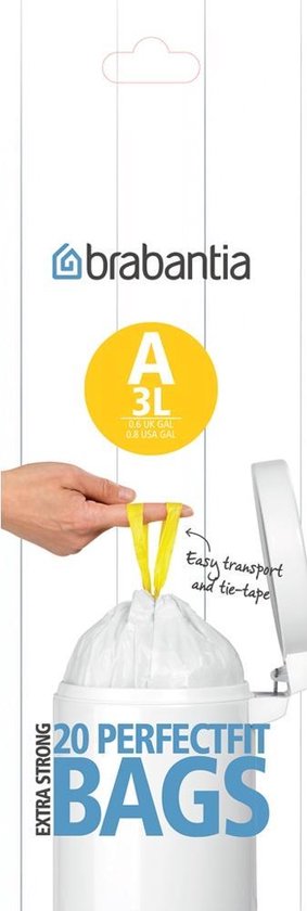 Verpakking met 20 Brabantia Perfect Fit Afvalzakken maat A (3L), met de tekst 'Easy transport and tie-tape'.