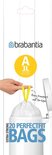 Verpakking met 20 Brabantia Perfect Fit Afvalzakken maat A (3L), met de tekst 'Easy transport and tie-tape'.