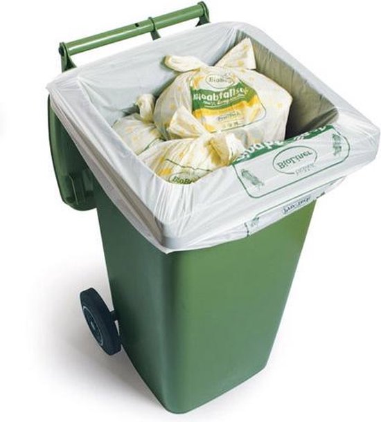 Groene rolcontainer met Bioliner-afvalzak, gevuld met kleinere biologisch afbreekbare zakken.