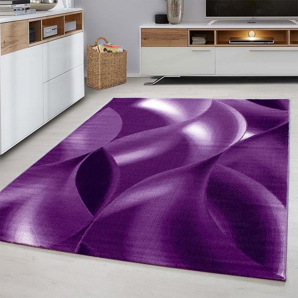 Laagpolig vloerkleed met abstract golfpatroon, violette kleur, geschikt voor de woonkamer, met een jute achterkant, afmetingen: 80 x 150 cm