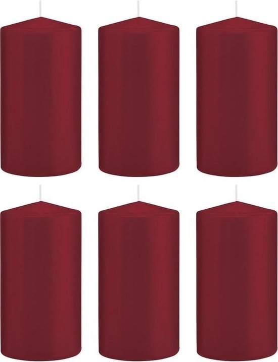 6x Bordeauxrode cilinderkaarsen/stompkaarsen 8 x 15 cm 69 branduren - Geurloze kaarsen - Woondecoraties