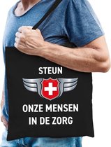 Steun onze mensen in de zorg zilveren schild katoenen tas zwart voor heren - waardering / steun tassen - kado /  tasje / shopper