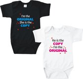 Rompertjes baby met tekst - I'm the Original, she's the Copy (tweeling)- Romper zwart/wit - Maat 62/68