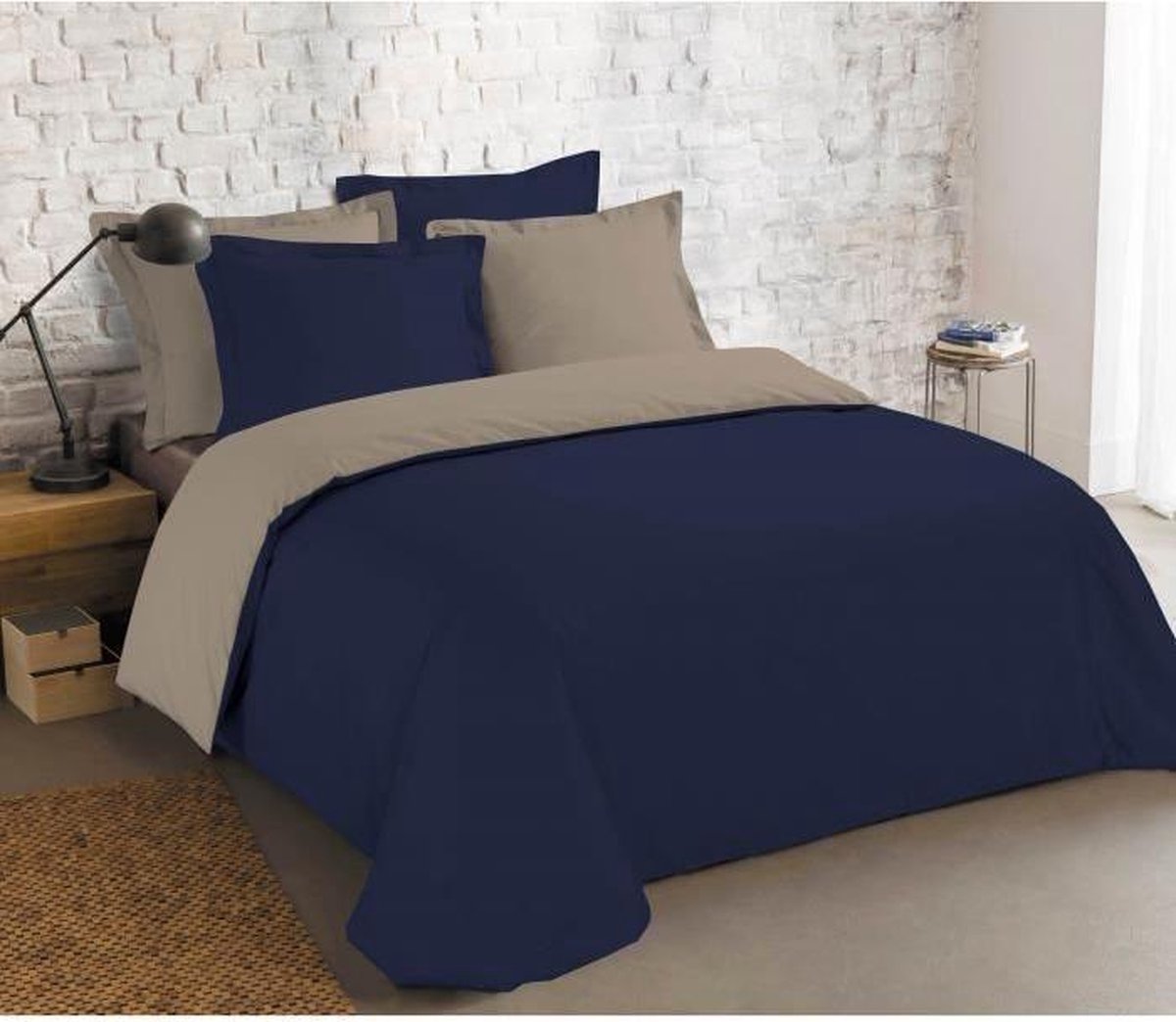 VISION - Omkeerbaar tweezijdig dekbedovertrekset - Tweepersoons - Dekbedovertrek 200 x 200 cm met 2 bijhorende slopen - Taupe/marine blauw - 100% katoen