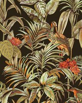 Vogels behang Profhome DE120015-DI vliesbehang hardvinyl warmdruk in reliëf gestempeld met exotisch patroon glanzend zwart groen oranje 5,33 m2