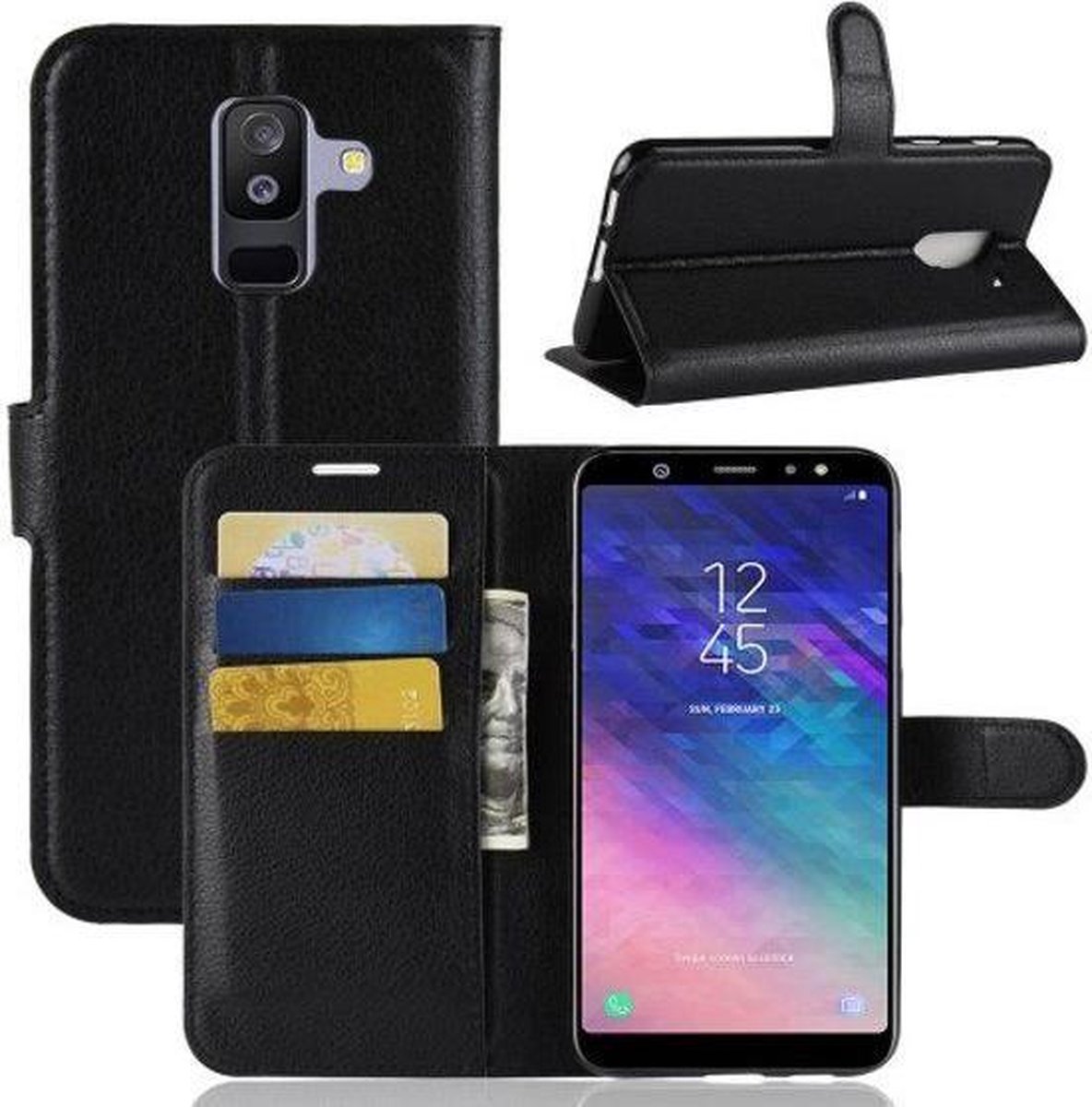 Samsung Galaxy A6 Plus (2018) Hoesje Zwart met Opbergvakjes