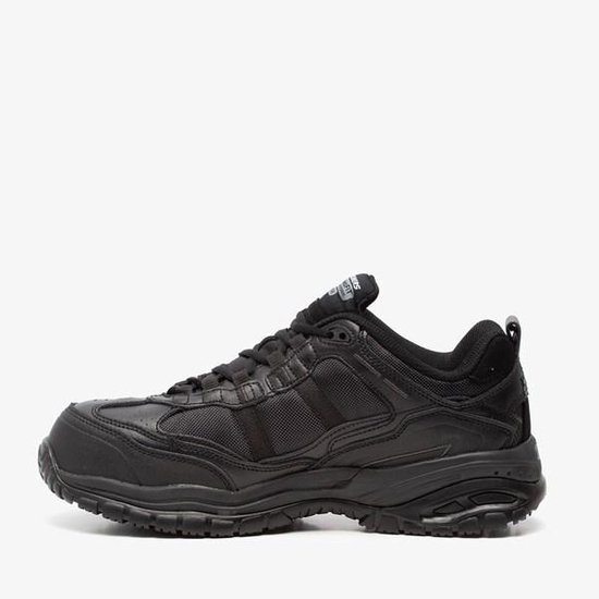 Zwarte Skechers werkschoen, zijaanzicht, met veters en verstevigde neus.