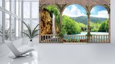 Fotobehang - Vlies Behang - Uizicht op de Waterval en het Meer 3D - 152,5 x 104 cm