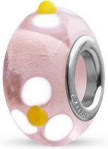 Quiges - Glazen - Kraal - Bedels - Beads Roze met Witte Bloemen Past op alle bekende merken armband NG499