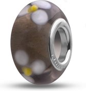 Quiges - Glazen - Kraal - Bedels - Beads Donker Transparant met Witte Bloemen Past op alle bekende merken armband NG809