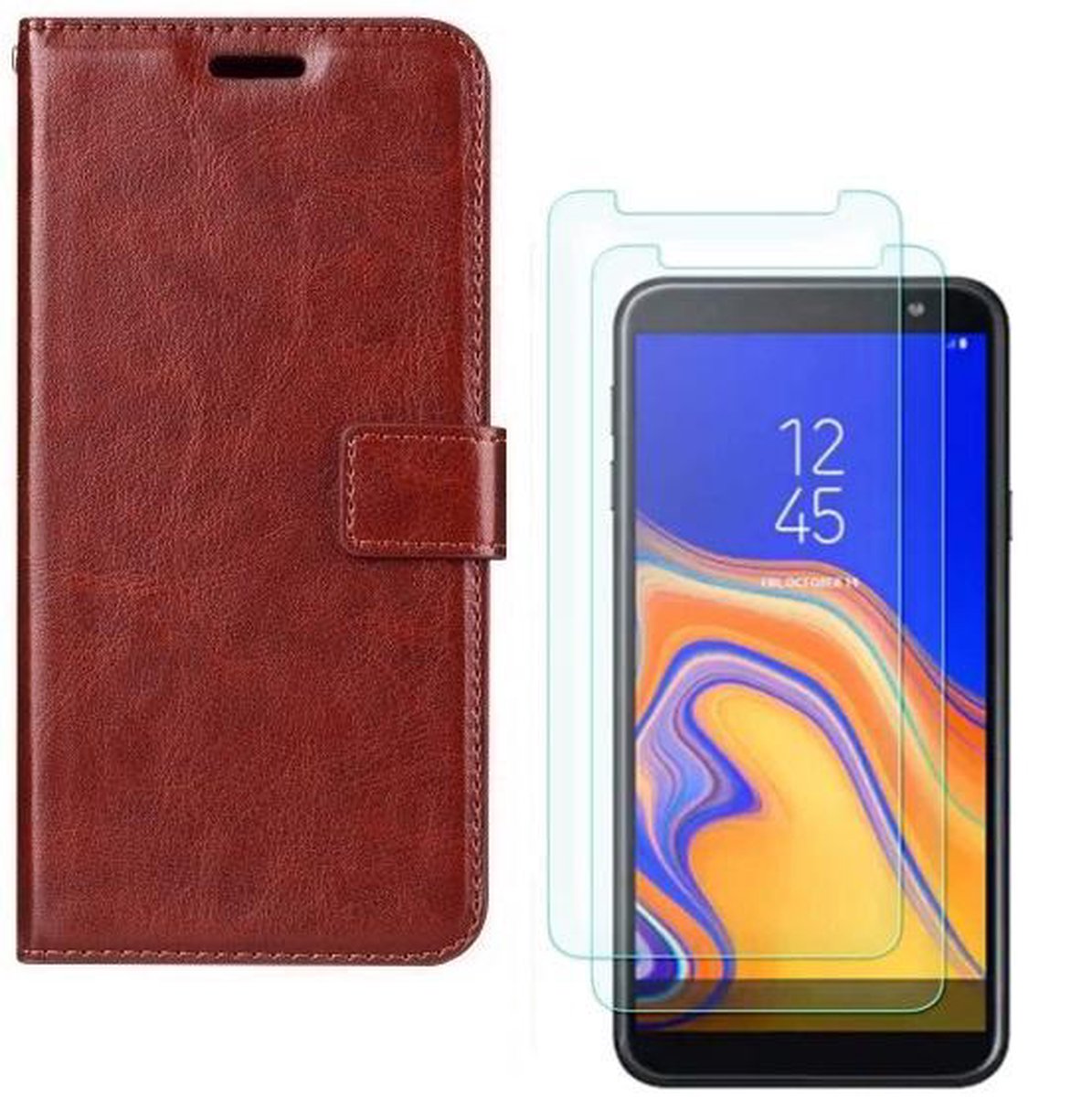 hoesje Geschikt voor: Samsung Galaxy J4 Plus 2018 Portemonnee bruin met 2 stuks Glas Screen protector