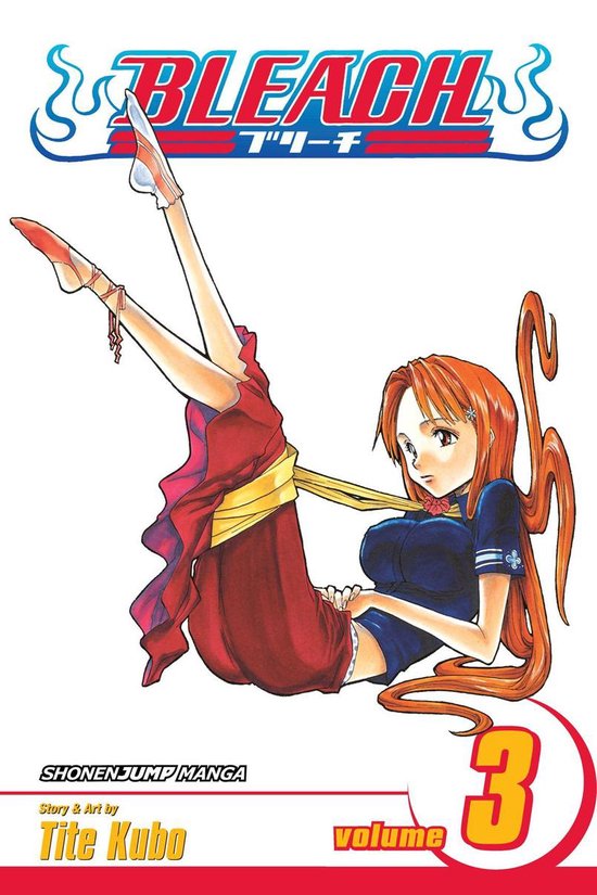Bleach, Volume 3. Une femme aux cheveux orange, portant un chemisier bleu et une jupe rouge, est allongée sur le dos. Titre 'BLEACH' en haut.
