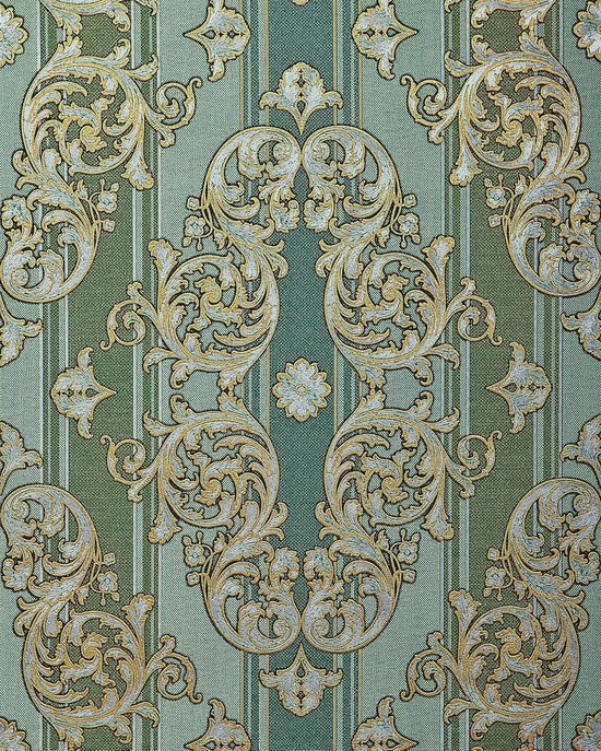Barok behang EDEM 580-35 opgeschuimd vinylbehang gestructureerd in textiel look en metalen accenten groen pijnboomgroen parelmoer-goud zilver 5,33 m2