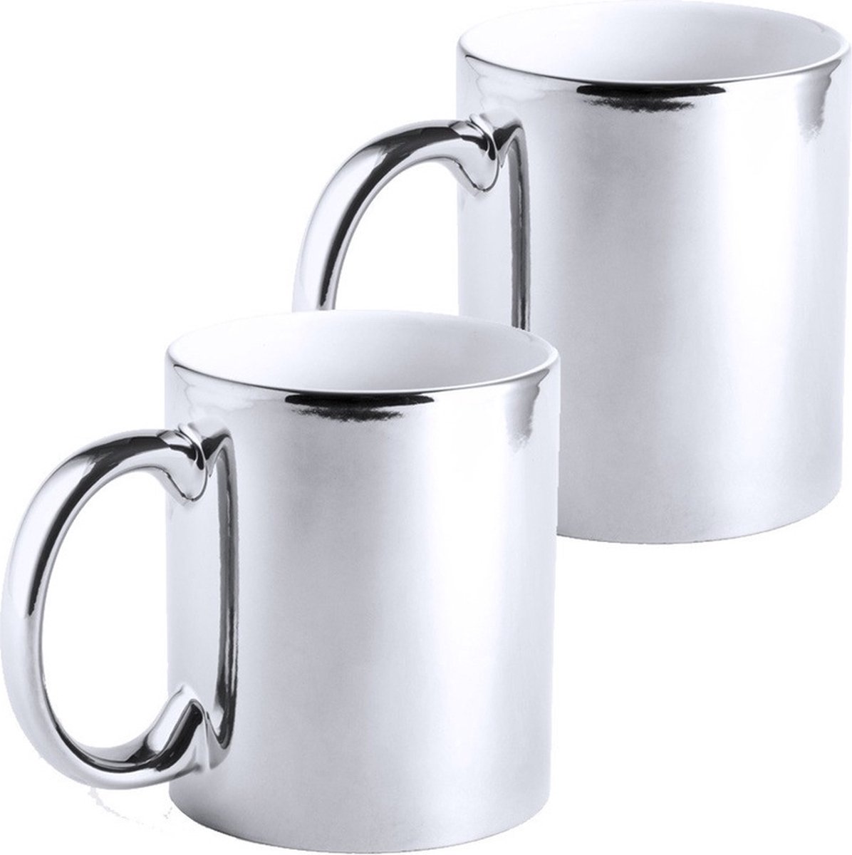 2x Metallic zilveren koffiebekers/theemokken keramisch 350 ml - Servies - Bekers/mokken