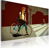 Schilderij - City Trip, Op de fiets, Rood/beige, 1luik, premium print