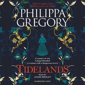 Boekomslag van Tidelands door Philippa Gregory. Donkerblauwe achtergrond met gouden en blauwe bloemenpatronen. Een silhouet van een vrouw in het midden. Titel "Tidelands" in rode letters.