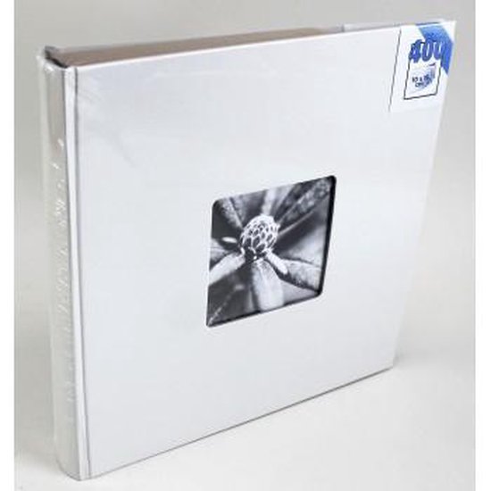 Wit fotoalbum met een vierkante foto van een plantenknop.