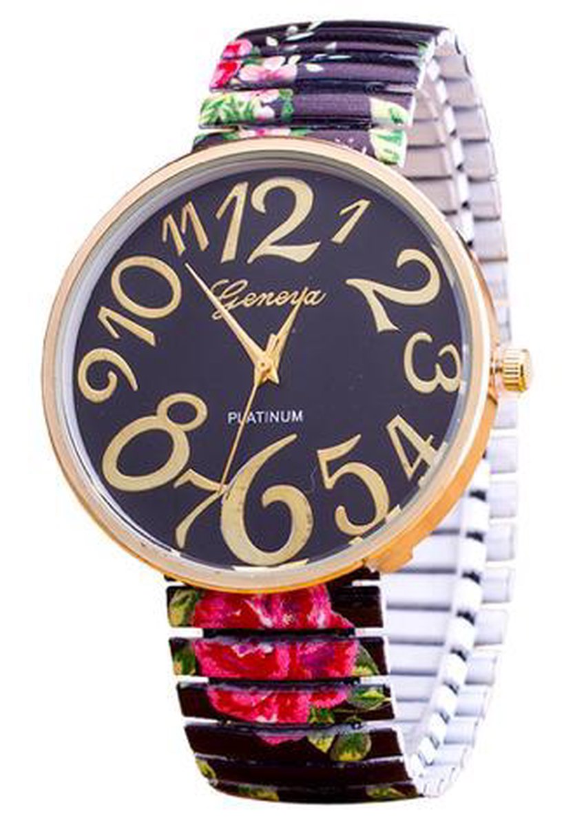 Hidzo Horloge Geneva - Elastische Band - ø 37 mm - Zwart - Plastic - In Horlogedoosje