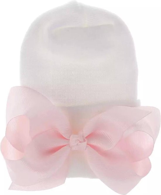 Geboortemuts / babymuts / ziekenhuismuts wit met roze strik - Extra dikke stof - 0 tot 1 maand
