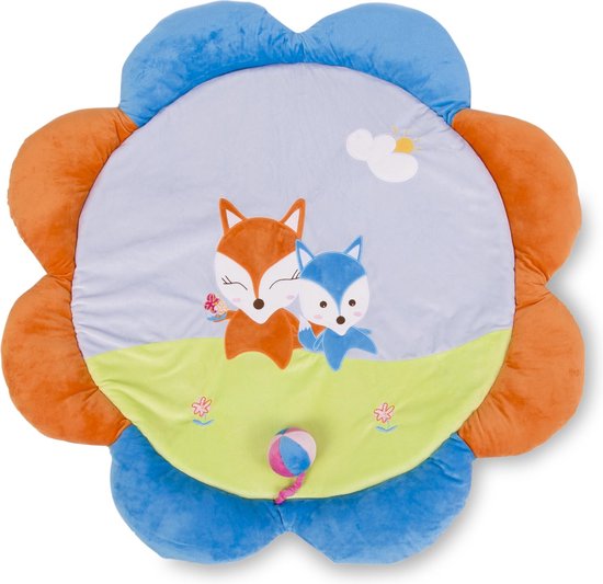 Speelmat baby 90x90x45 cm blauw/oranje met knuffels & rammelaar