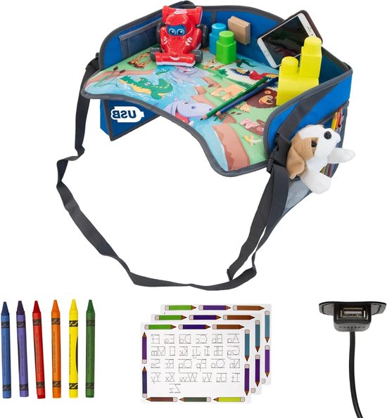 WIYETY Reisdienblad voor kinderen met netvakken, speeltafel en eettafel voor autostoel, kinderwagen, treinen