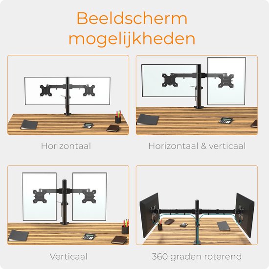 Flexibele plaatsing dubbele monitorarm: horizontaal, verticaal en roterend.