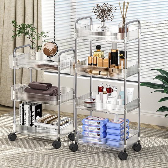 Rolwagen Organizer - Mobile Utility Cart, 3/4 verdiepingen tellende opbergwagen op wielen, multifunctionele opbergplanken voor keuken, badkamer, wasruimte