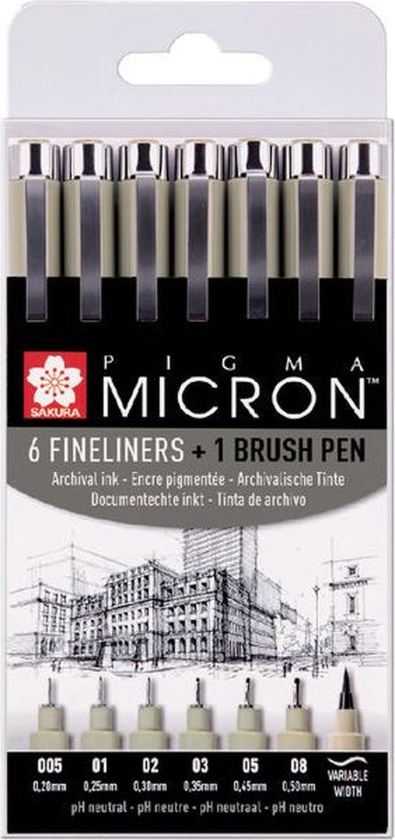 Sakura Pigma Micron fineliners set - 6 fineliners + 1 Pigma penseel — afbeelding 4