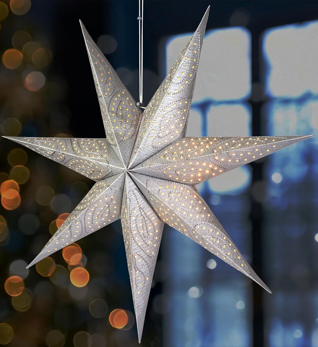 Brubaker 60 cm Papieren Kerstster om op te Hangen - Raam Adventster - 3D Papieren Ster met E14 Voet - Hangende Kerstdecoratie Lichtster met 3,5 m Kabel - Zilver Zilver patroon grof