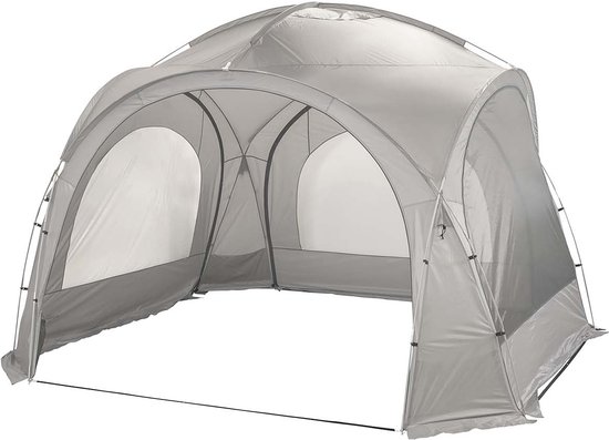 Grijze partytent met gebogen dak, open zijkanten en witte panelen.