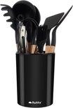 Ensemble d'ustensiles de cuisine noirs en silicone avec manches en bois dans un support noir.