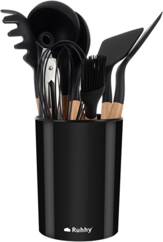 Ensemble d'ustensiles de cuisine noirs en silicone avec manches en bois dans un support noir.