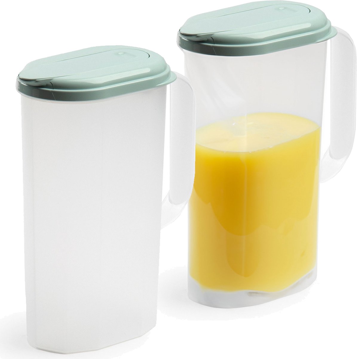 Plasticforte Waterkan met deksel - 2x stuks - 2 liter - groen/ transparant - kunststof - smalle schenkkan die in de koelkastdeur past