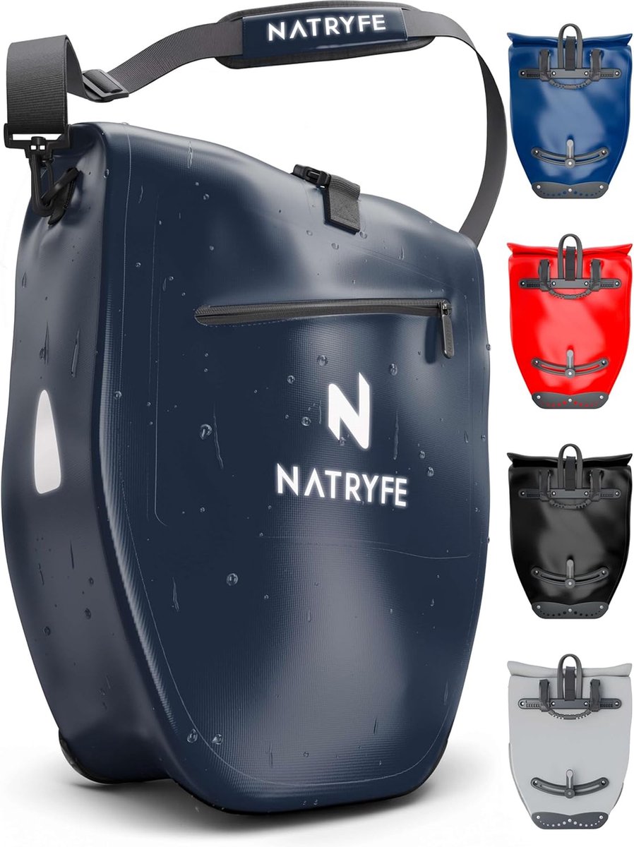 NATRYFE Fietstas voor bagagedrager, 28 liter volume, 100% waterdicht en robuust, met reflectoren en schouderriem, stevige grip op elke bagagedrager, ideale bagagedragertas