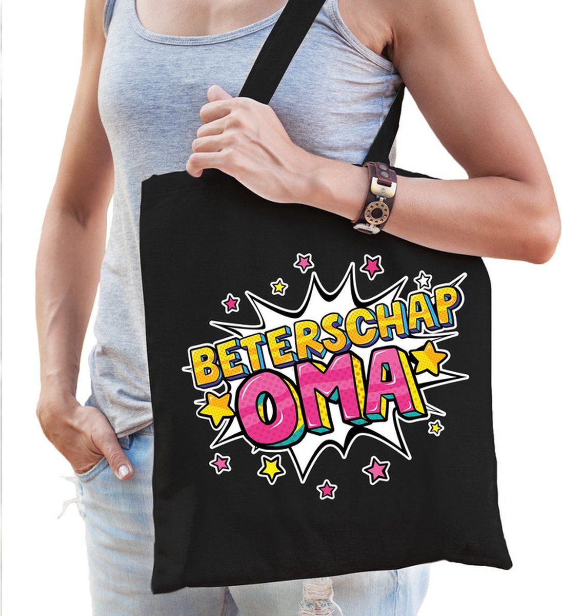Beterschap oma katoenen cadeau tas zwart voor dames - kado / tasje / shopper