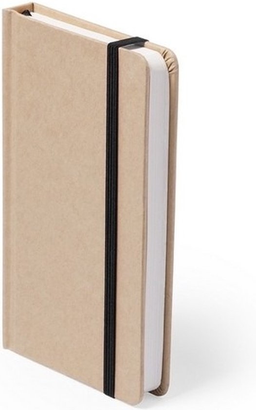 Carnet A6 à couverture marron avec un élastique noir.