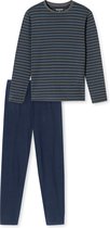 Herenschirt met lange mouwen en horizontale blauwe strepen op een antracietkleurige achtergrond, met een effen donkerblauwe pyjamabroek ernaast.