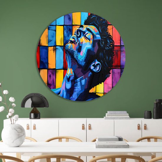 Man wandcirkel - Portret wandschalen - Wandschaal Vierkanten - Moderne schilderijen - Rond schilderij - Kunst muurcirkel forex 100x100 cm