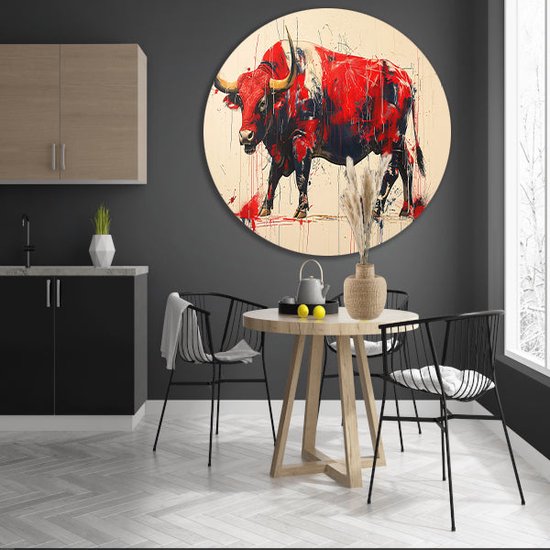 Tableau taureau rond - Plats muraux animaux - Cercles muraux Peinture - Décoration murale industrielle - Cercle mural - Décoration chambre cercle mural forex 100x100 cm