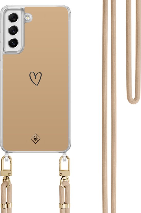 Casimoda® coque avec cordon - Convient pour Samsung S21 FE - Coeur Marron - Cordon amovible - TPU/polycarbonate - Marron/beige