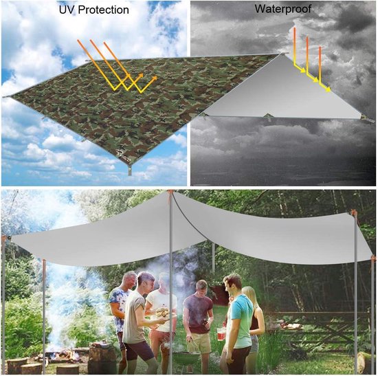 Camping tentzeil, 3 x 4 m, waterdicht, voor hangmat, met 6 haringen en 6 touwen, anti-uv-regen, zonbescherming, licht, compact grondzeil, picknickdeken, hammock, voor buiten, camping, herbruikbaar van Camp — afbeelding 5