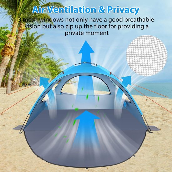 Strandtent 3-4 personen 50+ bescherming strandschelptent - gezinstent met voor- en achterdeur - windbescherming - strand tuin - hemelsblauw Beach Tent van Giglio — afbeelding 3