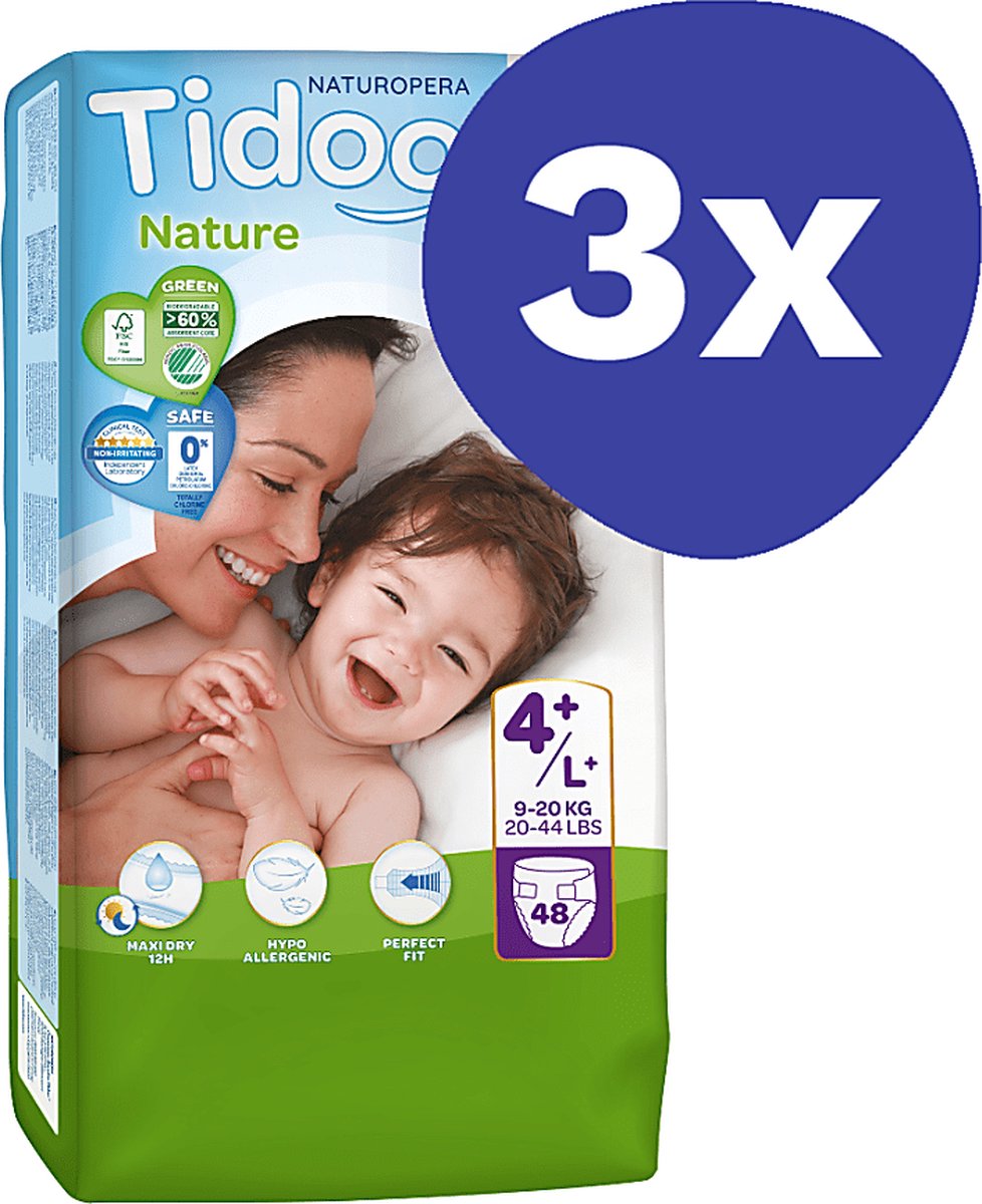 Goedkoopste Tidoo Nature Luiers Maat 4 (9-20kg) (3x 48 stuks