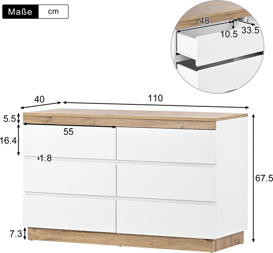 Sweiko Commode à 6 tiroirs, coffre-fort, Fonction de rangement, pour Chambre et salon, Aggloméré E1, Wit et chêne