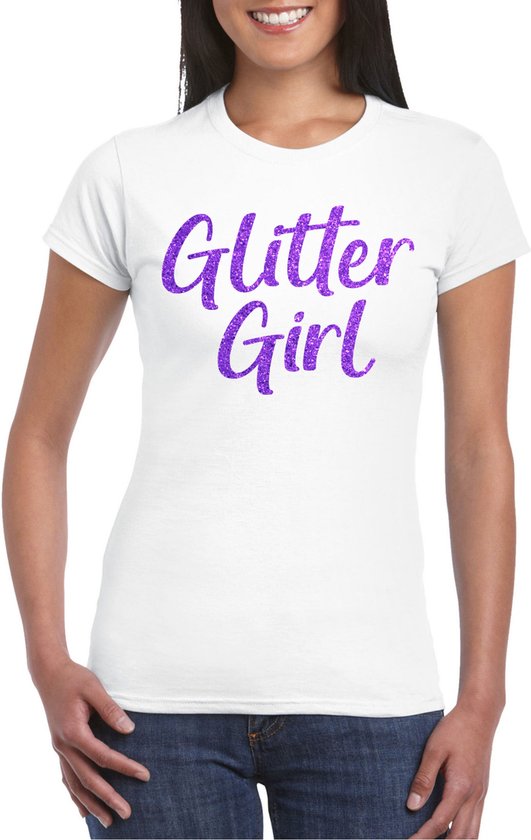 Bellatio Decorations Verkleed T-shirt voor dames - glitter girl - wit - glitter and glamour - carnaval/themafeest XL