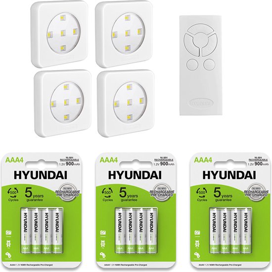 Hyundai Lighting - Oplaadbare LED Lampjes - Wit - 4 Stuks + 12 oplaadbare AAA Batterijen