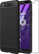 ebestStar - Hoes voor Huawei Y6 2018, TPU Bescherming Cover, Koolstof Design Hoesje, Zwart + Gehard Glas