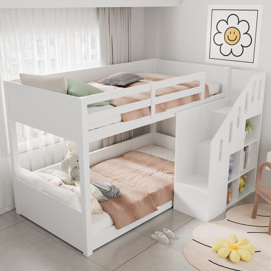 Aunvla 140 x 200 cm, stapelbed met opbergtrap en glijbaan, huisbed, kinderbed met leuning, geschikt voor kinderen, jongeren, wit