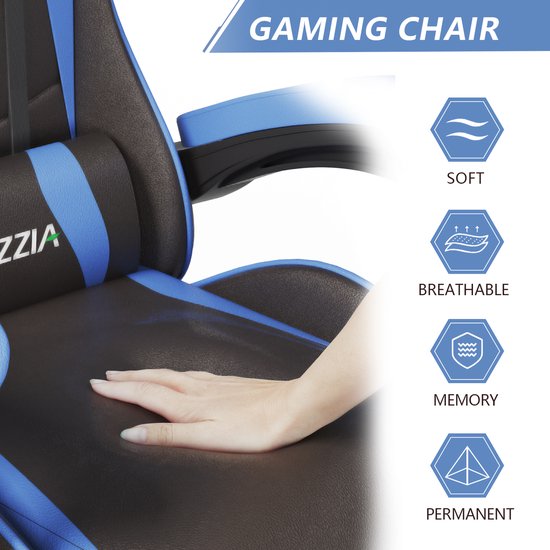 Close-up van een zacht, ademend en permanent zitvlak van een zwarte en blauwe gamestoel.